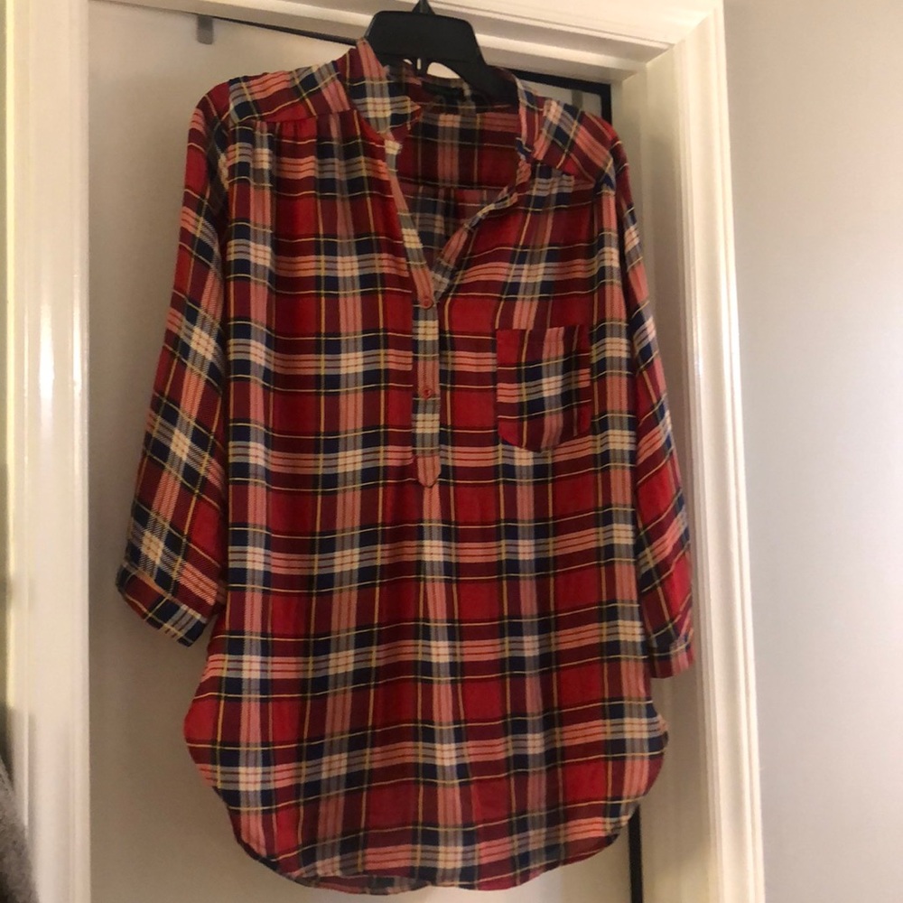 Boutique plaid sheer top longer length size medium